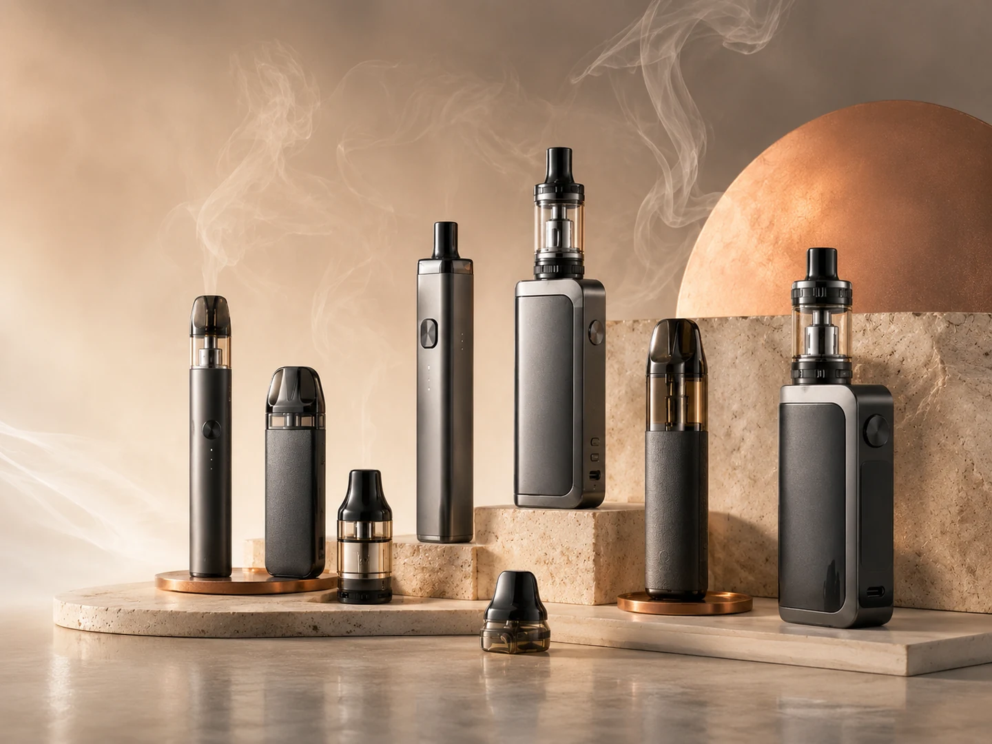 Moderne E-Zigaretten und Pod-Systeme auf Naturstein