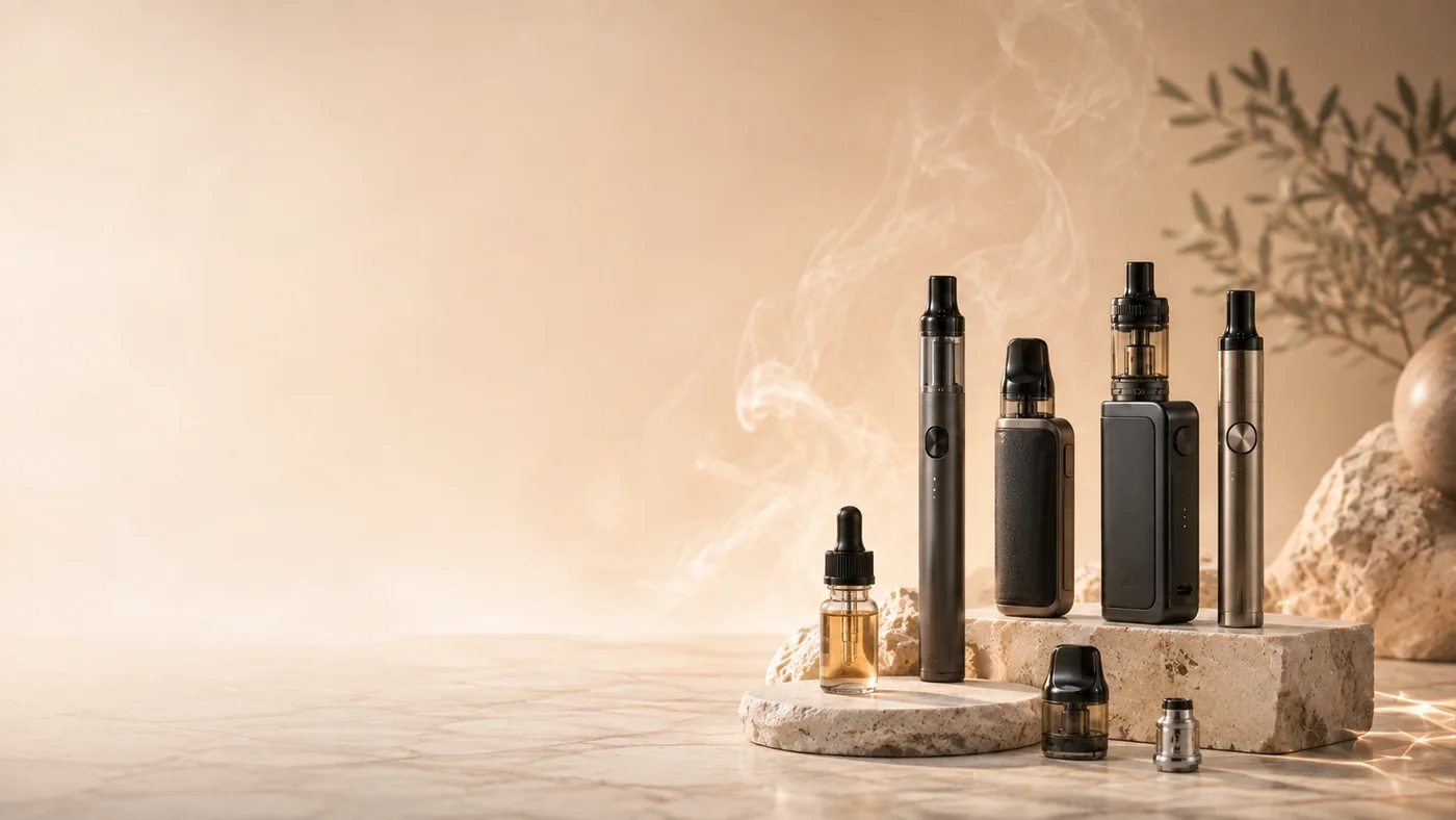 Verschiedene E-Zigaretten, Pod-Systeme, Verdampfer und Liquid auf Travertin