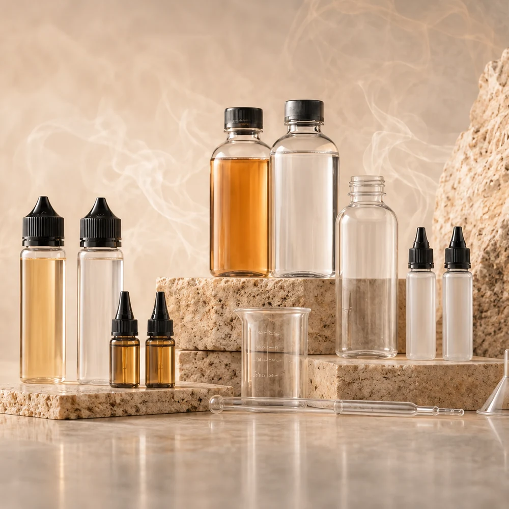 E-Liquid-Flaschen als Motiv zu Freebase-Nikotin und Nikotinsalz